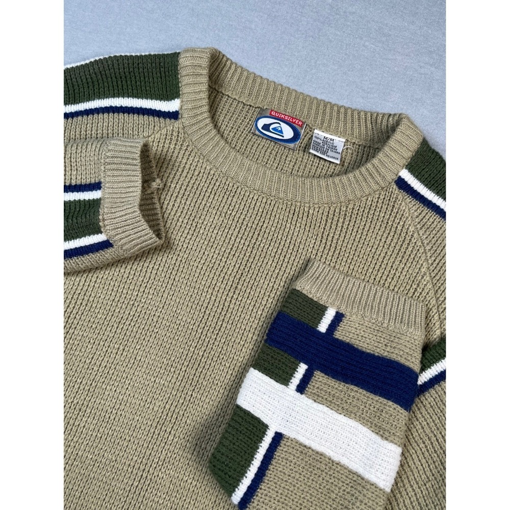 VTG Quiksilver Knit Sweater Youth Med Multi Green Blue white Crewneck Stripes‎